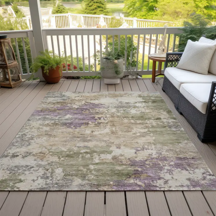 3' X 5' Beige Green And Purple Abstract Washable Indoor Outdoor Area Rug