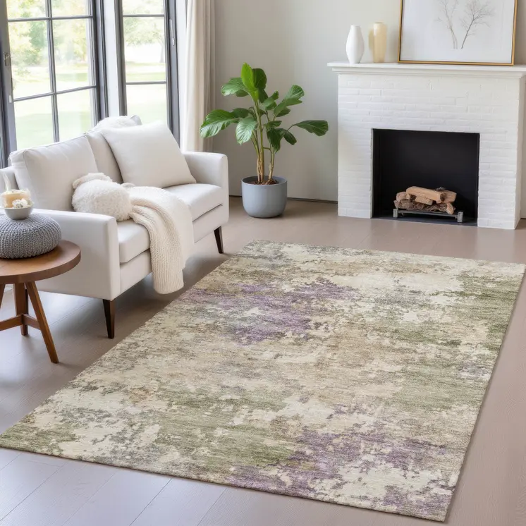 5' X 8' Beige Green And Purple Abstract Washable Indoor Outdoor Area Rug