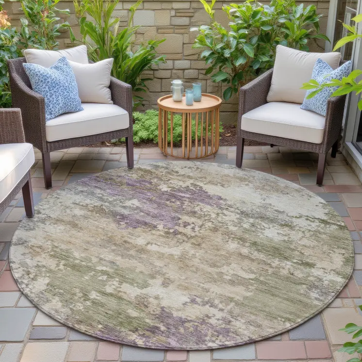 8' Beige Green And Purple Round Abstract Washable Indoor Outdoor Area Rug