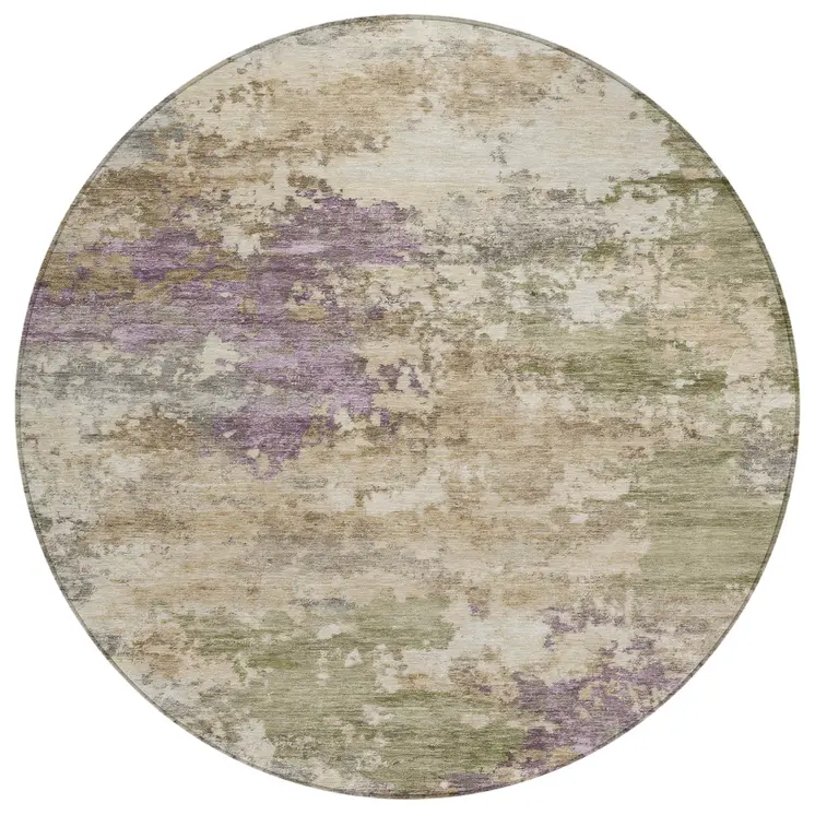 8' Beige Green And Purple Round Abstract Washable Indoor Outdoor Area Rug