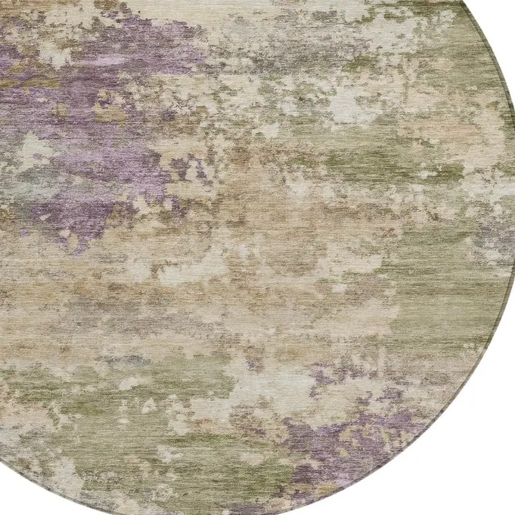 8' Beige Green And Purple Round Abstract Washable Indoor Outdoor Area Rug