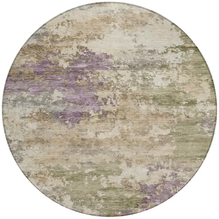 8' Beige Green And Purple Round Abstract Washable Indoor Outdoor Area Rug