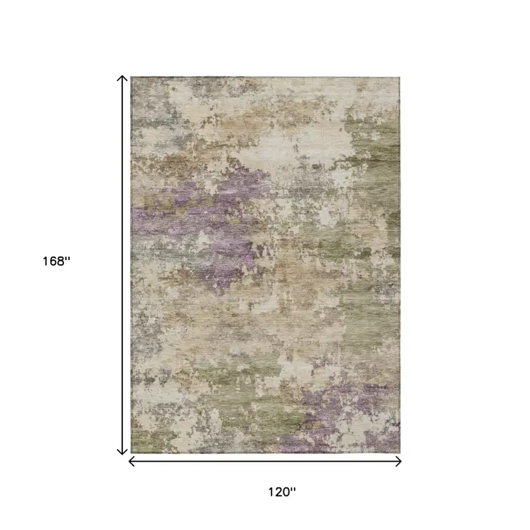 10' X 14' Beige Green And Purple Abstract Washable Indoor Outdoor Area Rug