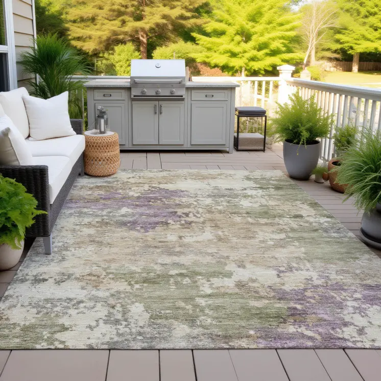 10' X 14' Beige Green And Purple Abstract Washable Indoor Outdoor Area Rug