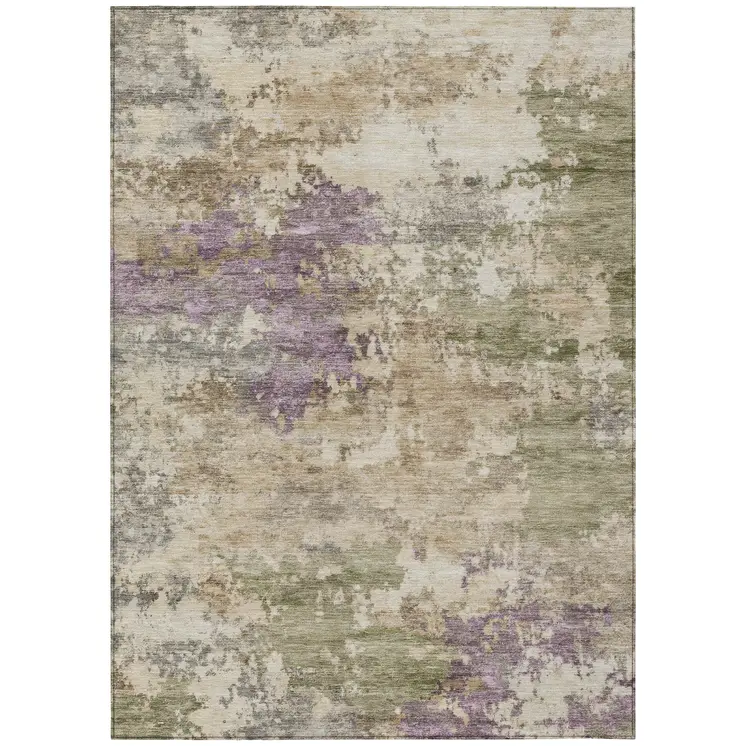 10' X 14' Beige Green And Purple Abstract Washable Indoor Outdoor Area Rug