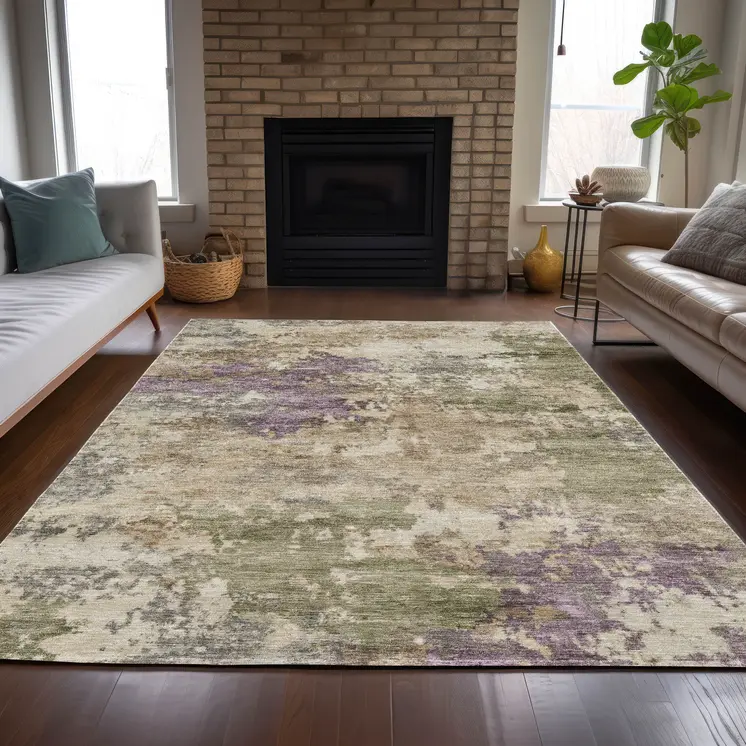 10' X 14' Beige Green And Purple Abstract Washable Indoor Outdoor Area Rug