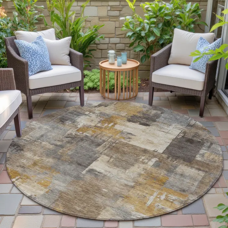 8' Brown Beige And Charcoal Round Abstract Washable Indoor Outdoor Area Rug