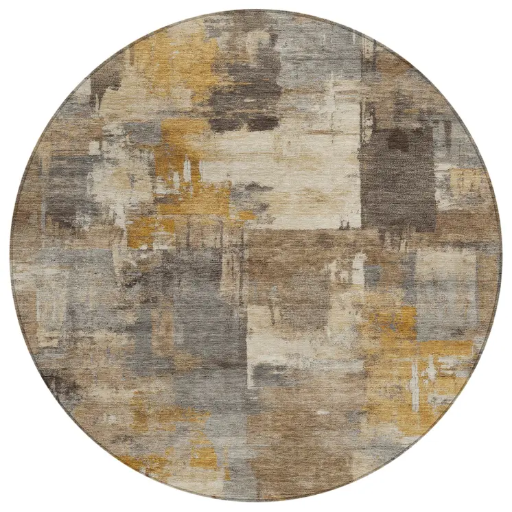 8' Brown Beige And Charcoal Round Abstract Washable Indoor Outdoor Area Rug