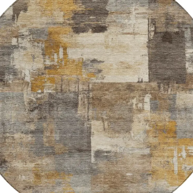 8' Brown Beige And Charcoal Round Abstract Washable Indoor Outdoor Area Rug