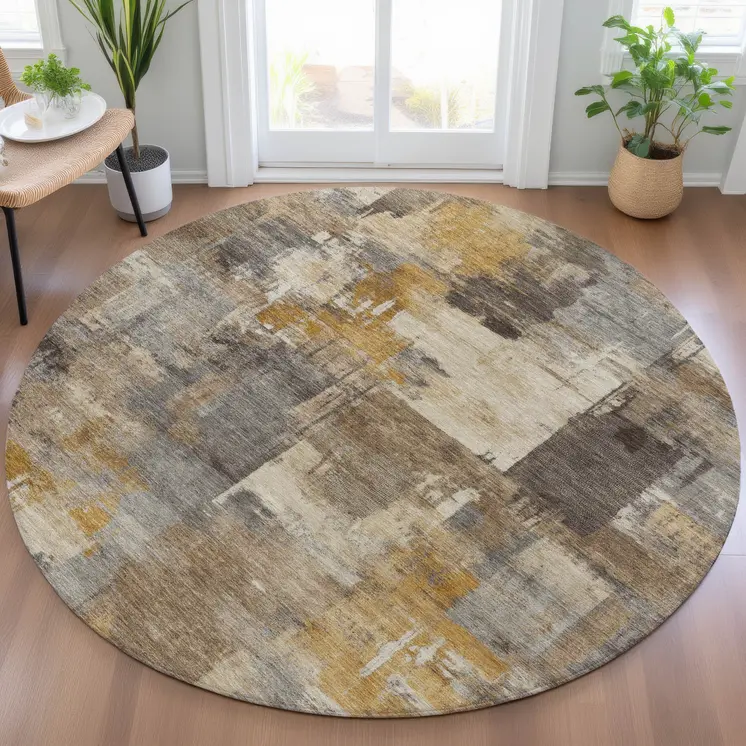 8' Brown Beige And Charcoal Round Abstract Washable Indoor Outdoor Area Rug