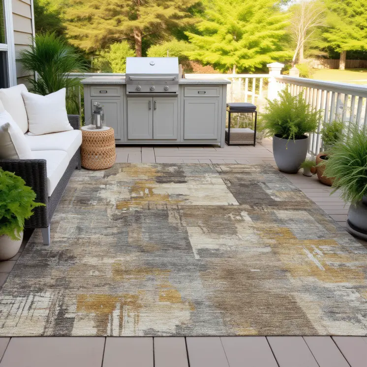 9' X 12' Brown Beige And Charcoal Abstract Washable Indoor Outdoor Area Rug