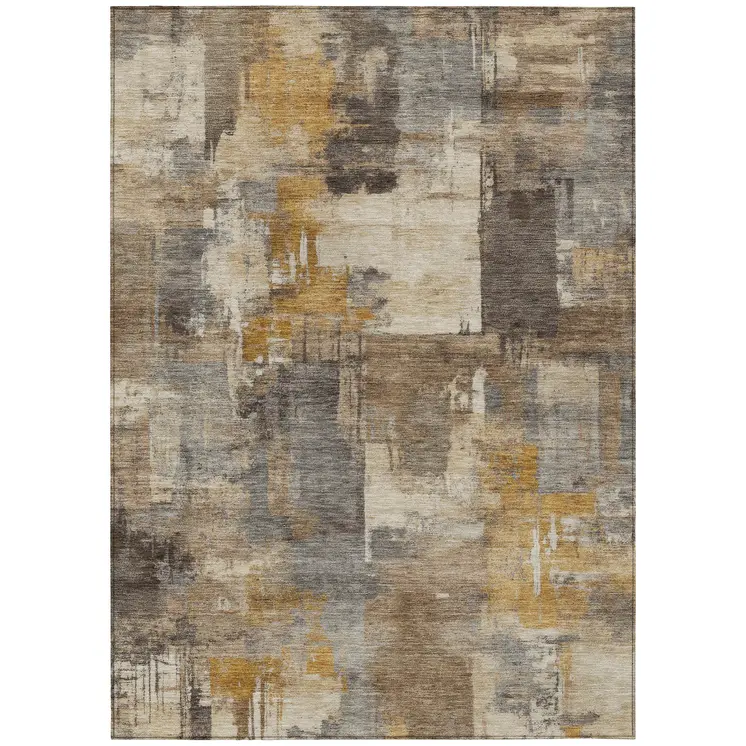 9' X 12' Brown Beige And Charcoal Abstract Washable Indoor Outdoor Area Rug
