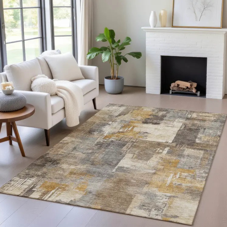 9' X 12' Brown Beige And Charcoal Abstract Washable Indoor Outdoor Area Rug