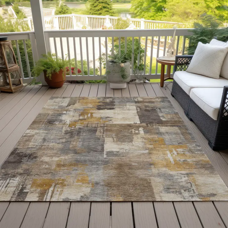 9' X 12' Brown Beige And Charcoal Abstract Washable Indoor Outdoor Area Rug