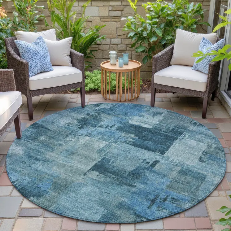 8' Blue And Ivory Round Abstract Washable Indoor Outdoor Area Rug