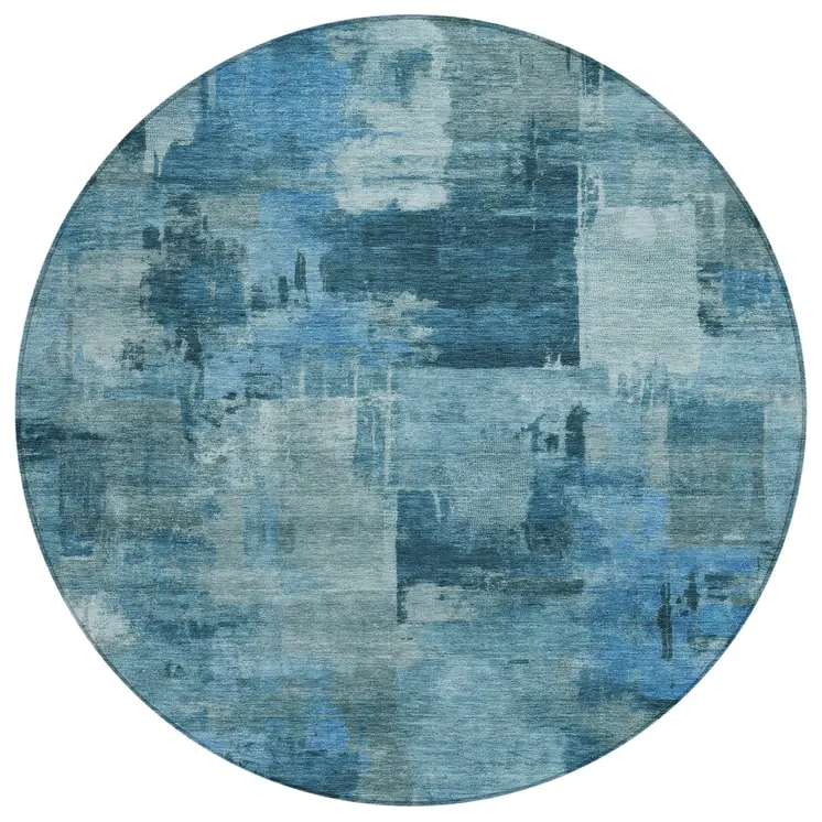 8' Blue And Ivory Round Abstract Washable Indoor Outdoor Area Rug