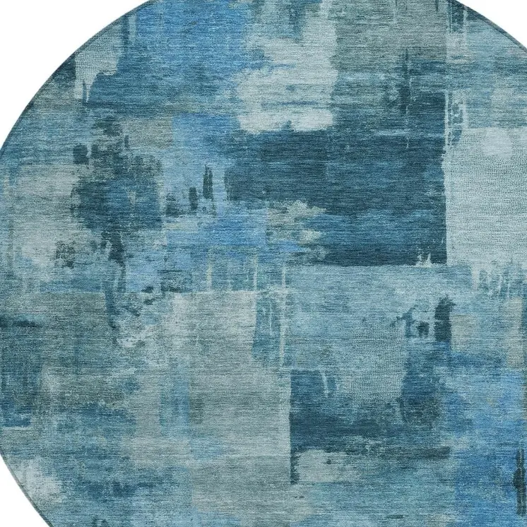 8' Blue And Ivory Round Abstract Washable Indoor Outdoor Area Rug