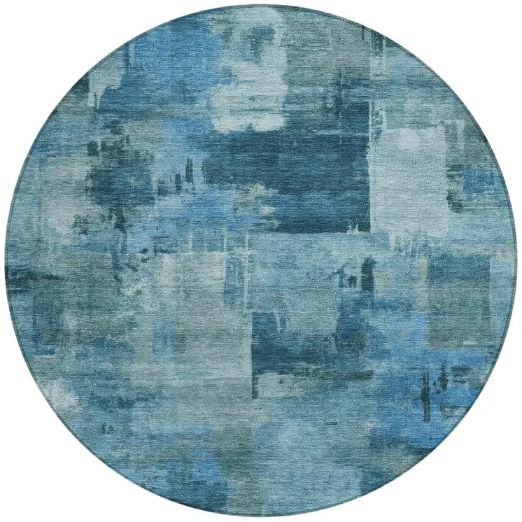 8' Blue And Ivory Round Abstract Washable Indoor Outdoor Area Rug