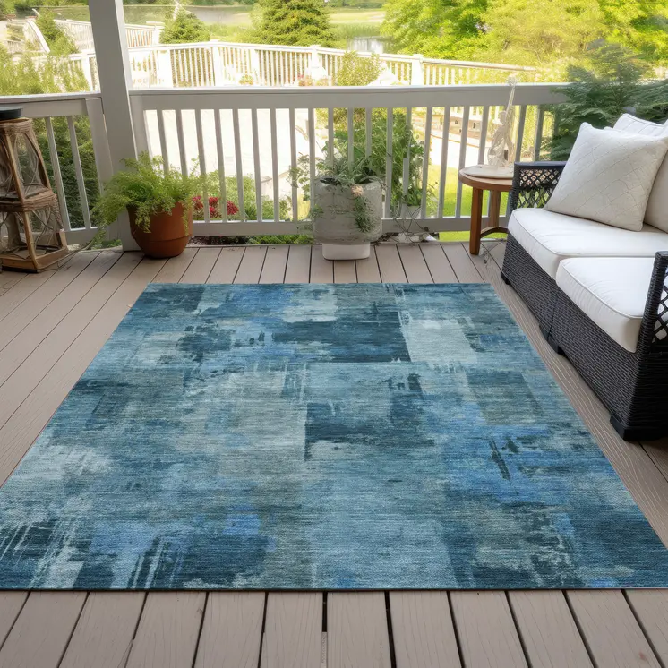 8' X 10' Blue And Ivory Abstract Washable Indoor Outdoor Area Rug