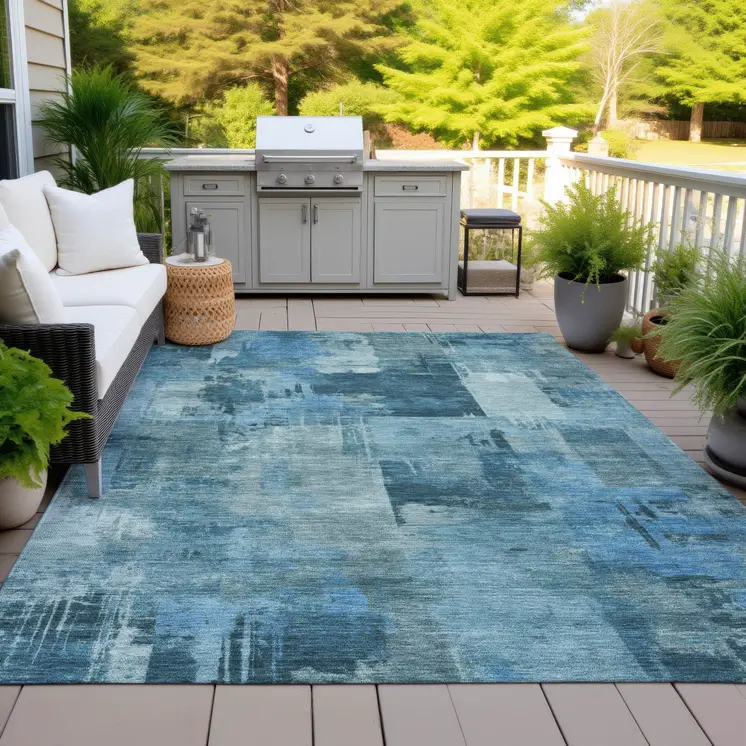 10' X 14' Blue And Ivory Abstract Washable Indoor Outdoor Area Rug