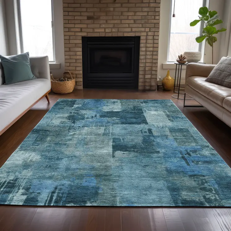 10' X 14' Blue And Ivory Abstract Washable Indoor Outdoor Area Rug