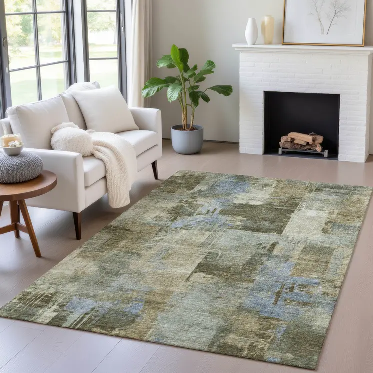 3' X 5' Green Gray And Sky Blue Abstract Washable Indoor Outdoor Area Rug