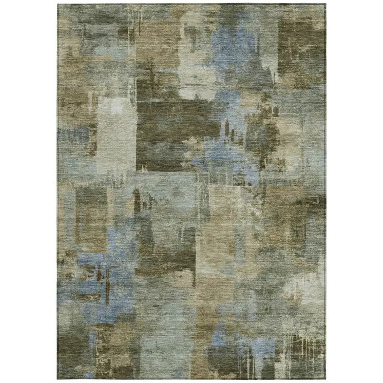 5' X 8' Green Gray And Sky Blue Abstract Washable Indoor Outdoor Area Rug