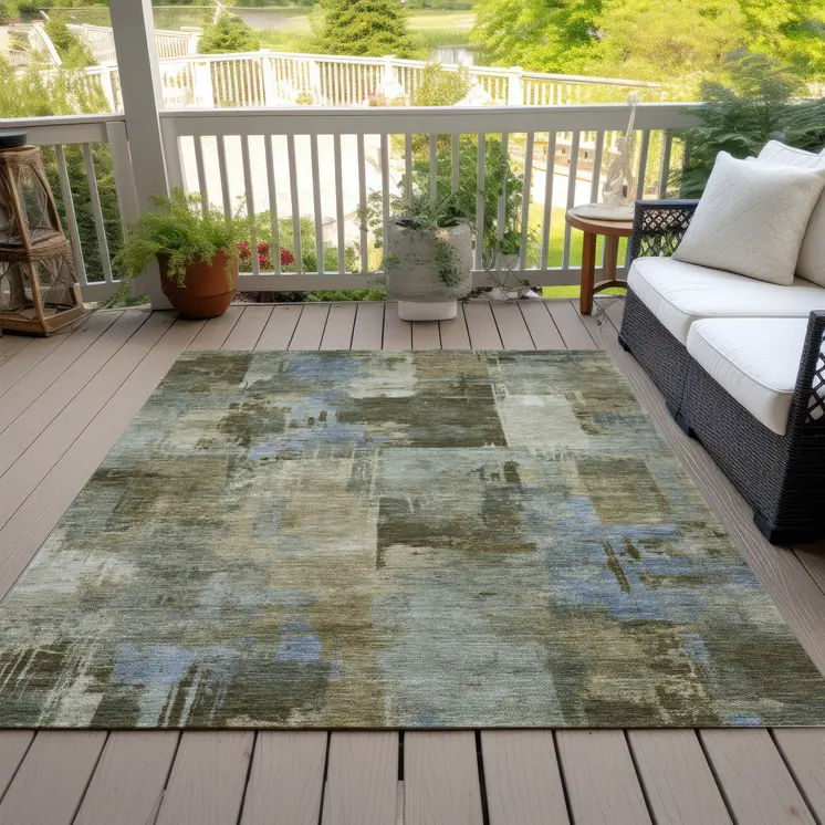 5' X 8' Green Gray And Sky Blue Abstract Washable Indoor Outdoor Area Rug