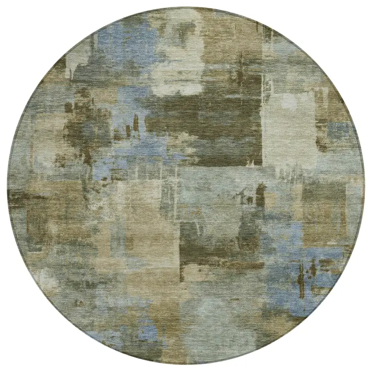8' Green Gray And Sky Blue Round Abstract Washable Indoor Outdoor Area Rug