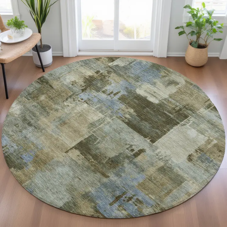 8' Green Gray And Sky Blue Round Abstract Washable Indoor Outdoor Area Rug