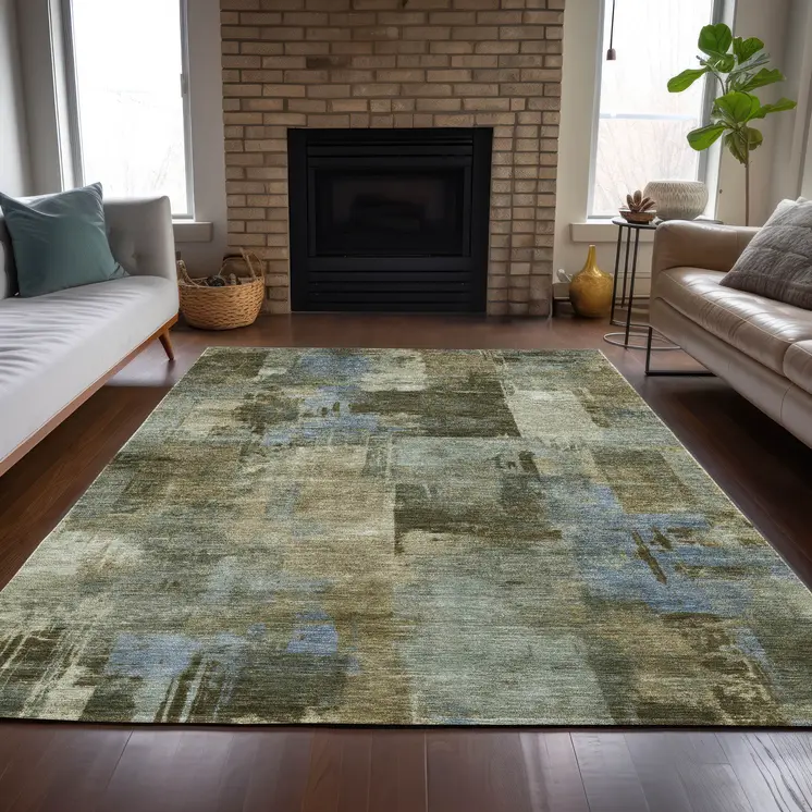 8' X 10' Green Gray And Sky Blue Abstract Washable Indoor Outdoor Area Rug