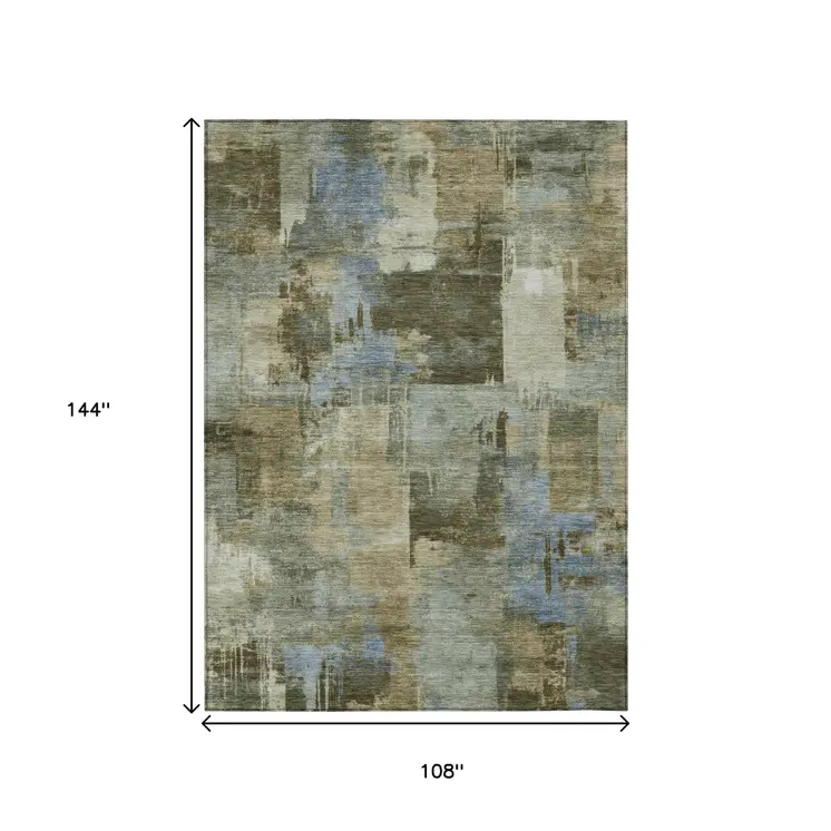 9' X 12' Green Gray And Sky Blue Abstract Washable Indoor Outdoor Area Rug