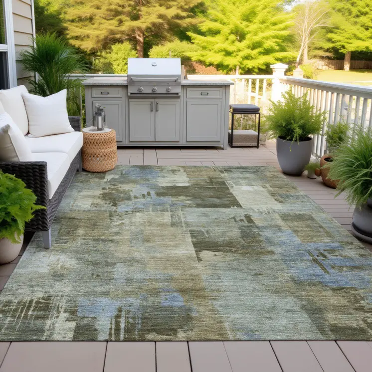 9' X 12' Green Gray And Sky Blue Abstract Washable Indoor Outdoor Area Rug