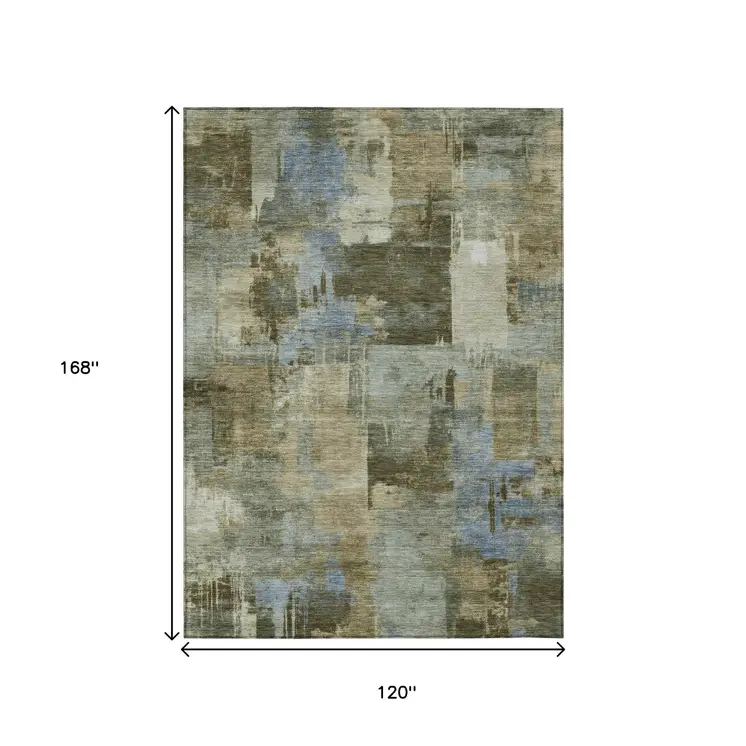 10' X 14' Green Gray And Sky Blue Abstract Washable Indoor Outdoor Area Rug