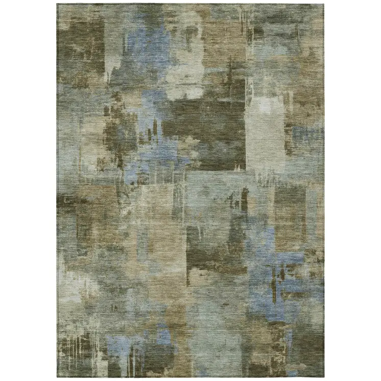10' X 14' Green Gray And Sky Blue Abstract Washable Indoor Outdoor Area Rug