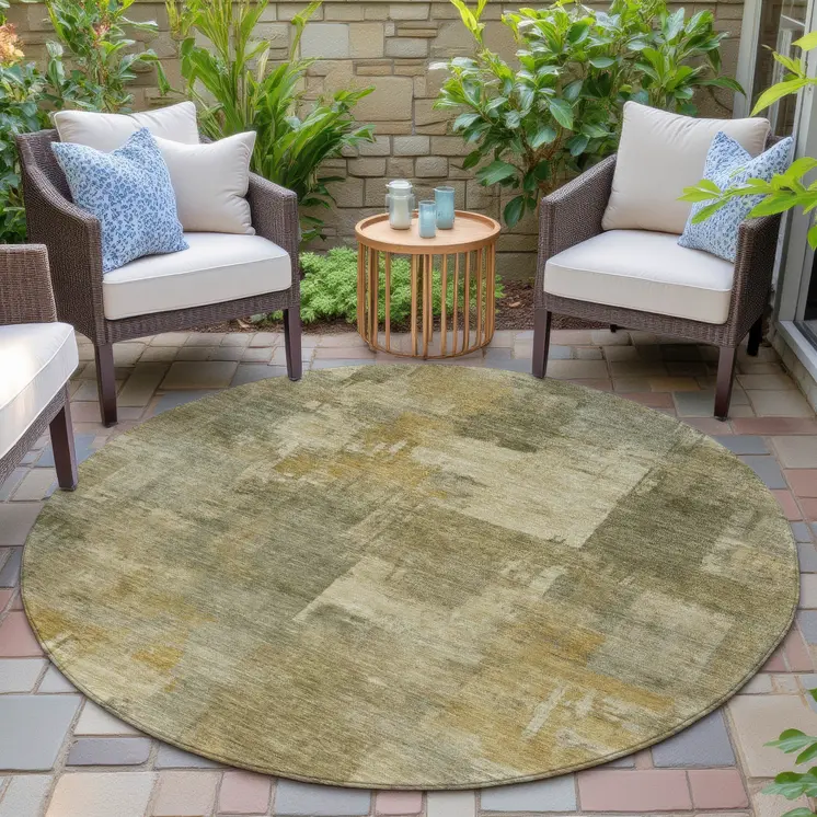 8' Khaki Beige And Wheat Round Abstract Washable Indoor Outdoor Area Rug