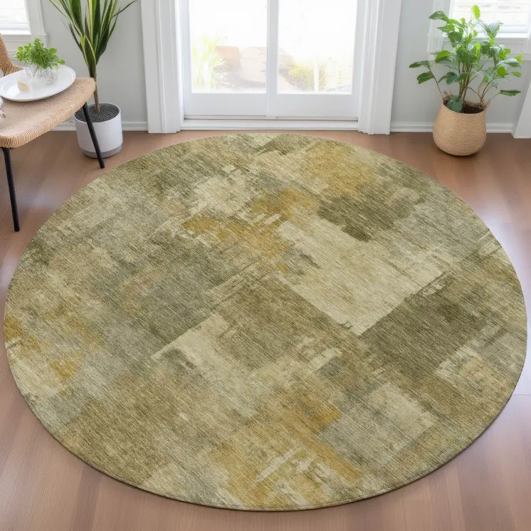 8' Khaki Beige And Wheat Round Abstract Washable Indoor Outdoor Area Rug