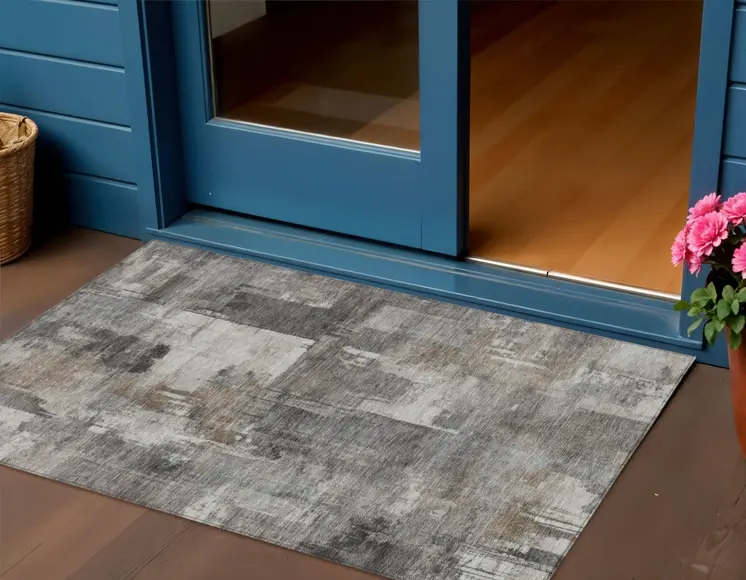 3' X 5' Pewter Khaki And Charcoal Abstract Washable Indoor Outdoor Area Rug