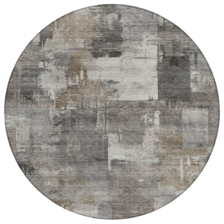 8' Pewter Khaki And Charcoal Round Abstract Washable Indoor Outdoor Area Rug