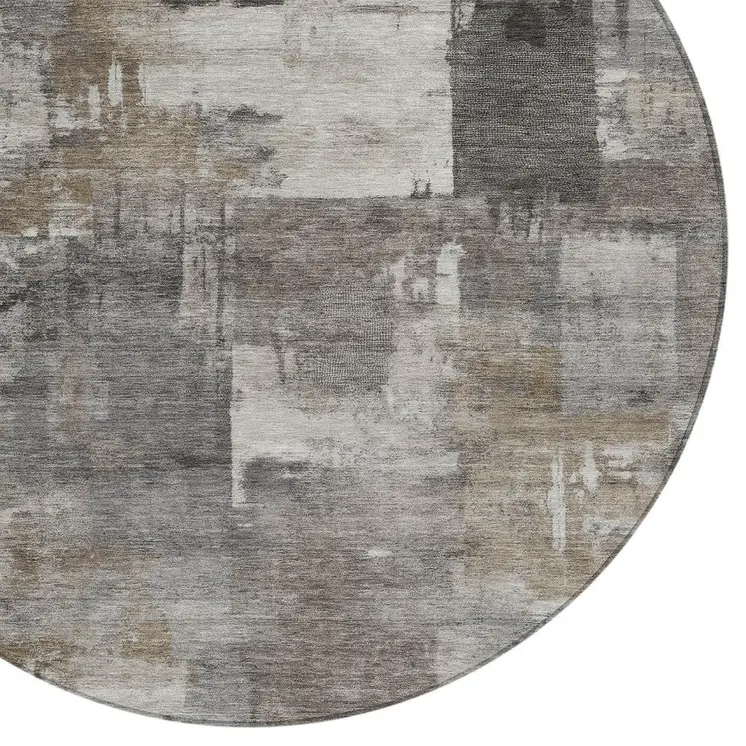 8' Pewter Khaki And Charcoal Round Abstract Washable Indoor Outdoor Area Rug