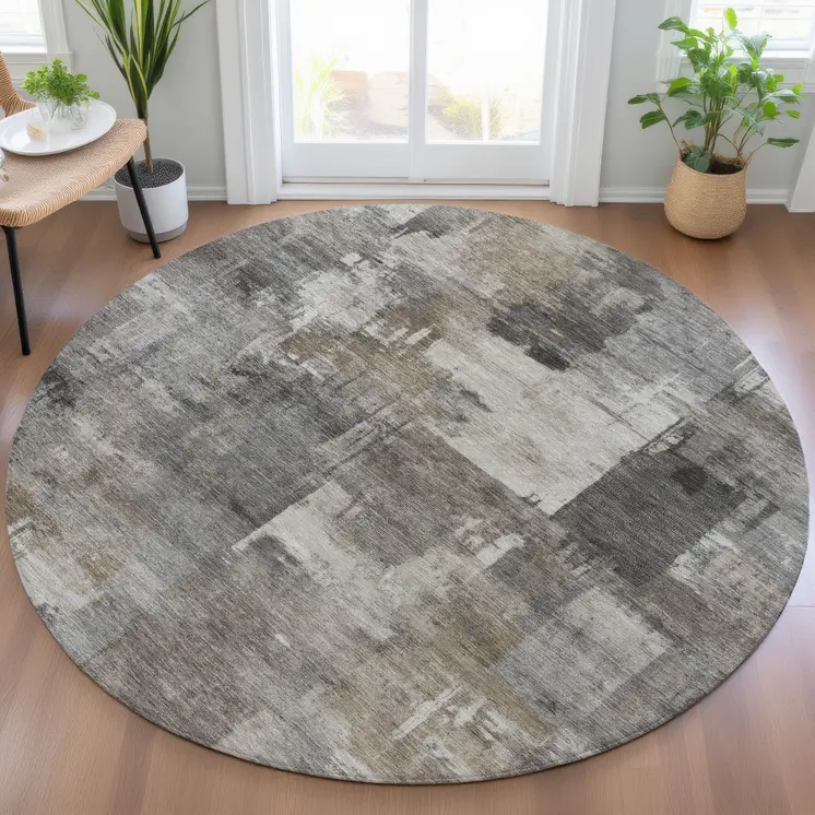8' Pewter Khaki And Charcoal Round Abstract Washable Indoor Outdoor Area Rug