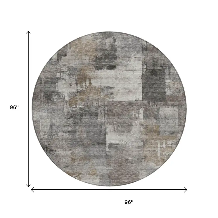 8' Pewter Khaki And Charcoal Round Abstract Washable Indoor Outdoor Area Rug