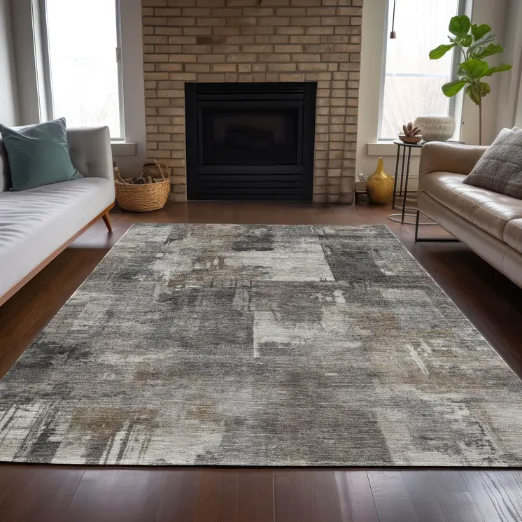 8' X 10' Pewter Khaki And Charcoal Abstract Washable Indoor Outdoor Area Rug