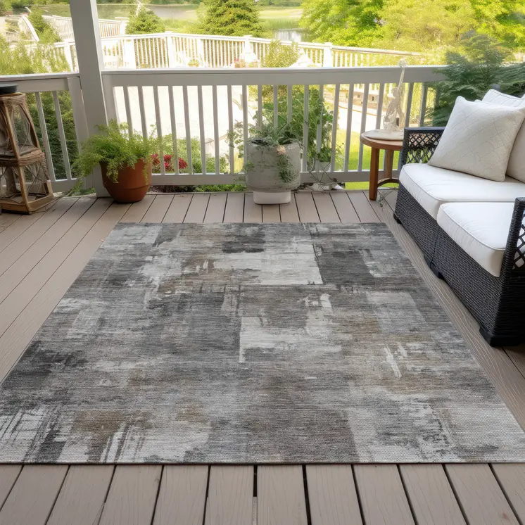 8' X 10' Pewter Khaki And Charcoal Abstract Washable Indoor Outdoor Area Rug