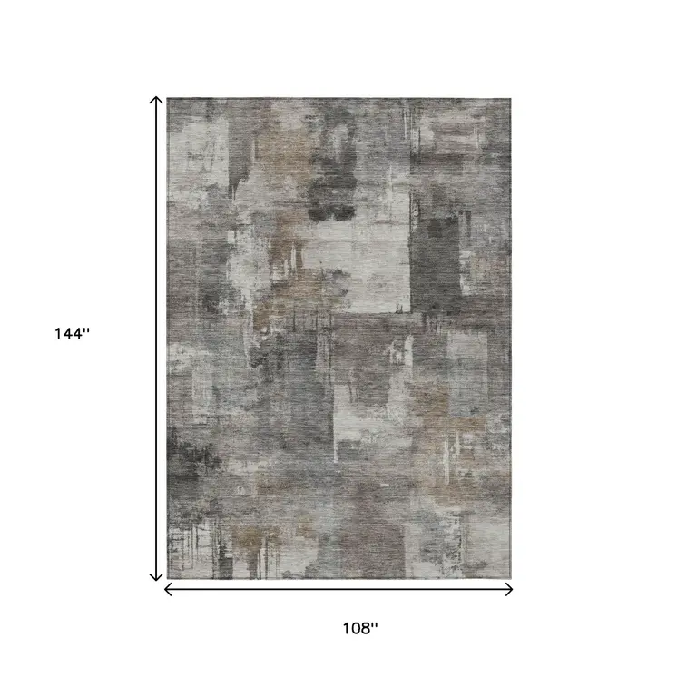 9' X 12' Pewter Khaki And Charcoal Abstract Washable Indoor Outdoor Area Rug