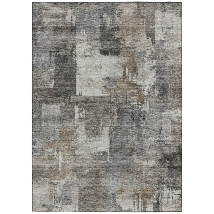 9' X 12' Pewter Khaki And Charcoal Abstract Washable Indoor Outdoor Area Rug