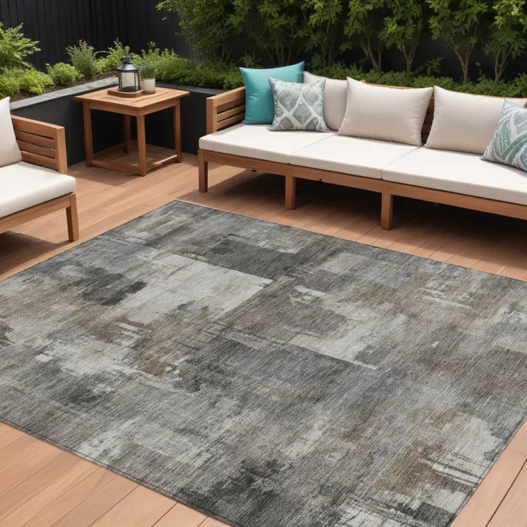 9' X 12' Pewter Khaki And Charcoal Abstract Washable Indoor Outdoor Area Rug