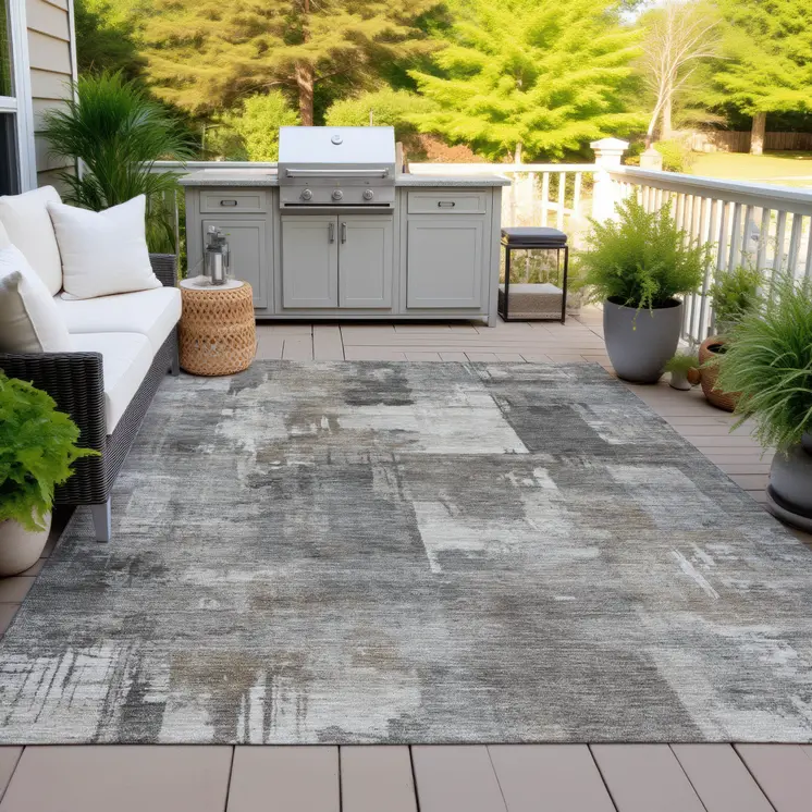 9' X 12' Pewter Khaki And Charcoal Abstract Washable Indoor Outdoor Area Rug