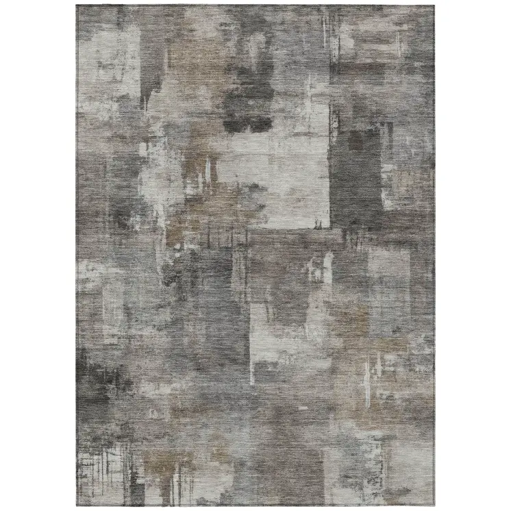 9' X 12' Pewter Khaki And Charcoal Abstract Washable Indoor Outdoor Area Rug