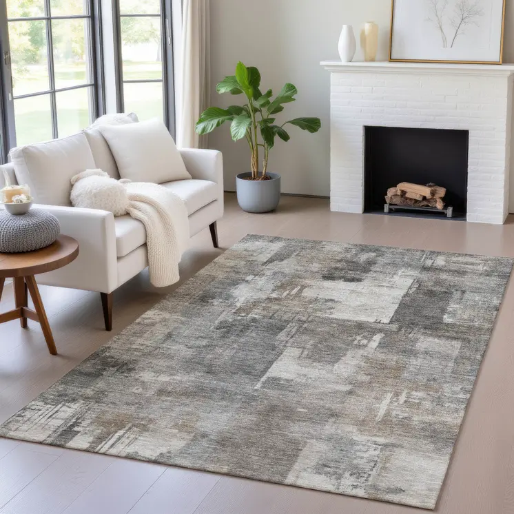 9' X 12' Pewter Khaki And Charcoal Abstract Washable Indoor Outdoor Area Rug